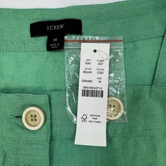 NEW J. Crew 100% Linen Women's Medium Green Top Blouse Preppy Office Puff Sleeve - Picture 8 of 12